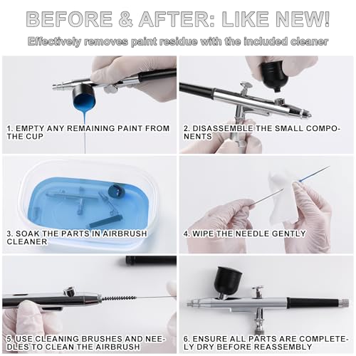 Roizefar Airbrush Kit with Compressor, 55 PSI Gun with Cleaners & Nozzles | 4x3.38 fl oz Cleaner, 0.2/0.3/0.5mm Nozzles, Cleaning Brush, Non-Clogging, for Painting, Modeling, Nail Art, Makeup, DIY