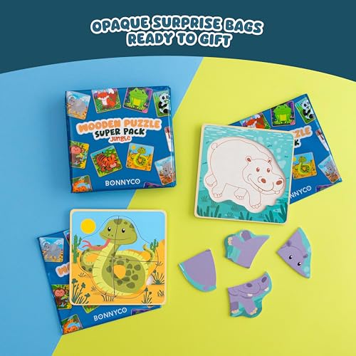 BONNYCO 4 Pieces Wooden Puzzles Pack 16 Party Favors for Kids 1 to 5. Birthday Goodie Bags Stuffers, Valentines Gifts for Toddlers Ideas, School Classroom Prizes and Baby Bulk Toys