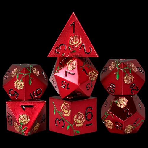 Rose Engraved Metal Dice Set 7PCS for DND RPG Tabletop Gaming | Solid zinc alloy build with 150g weight for balanced rolls(Red with Golden Rose) - color: Red With Golden Rose