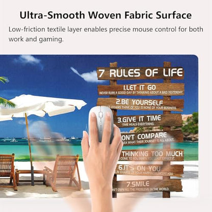 7 Rules of Life Inspirational Large Mouse Pad, Tropical Beach Palm Desk Mat | Keyboard Mat Stitched, 31.5" x 11.8", Positive Motivational Quote Rustic Wood, Summer Scenery Coastal Ocean Landscape - color: Vibrant Design J03K