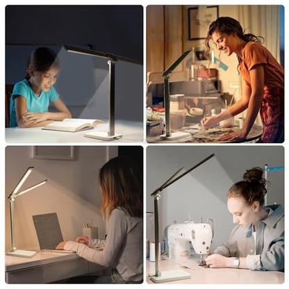 LAOPAO LED Desk Lamp, Dual Head Desk Light, 5 Levels Dimmable & 3 Color Modes Eye-Caring Table Light with USB Charging Port, Table Lamp for Reading, Studying, Home Office,White - color: White1