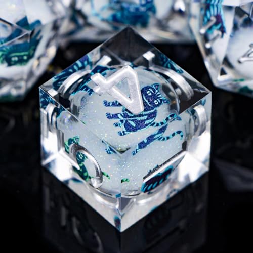 DND Cat Dice 7PCS Polyhedral Sharp Edge Dice Set with Gift Case for Dungeons Dragons Role Playing Game, RPG Resin D and D Dice D6 D8 D10 D12 D20 D% (Silvery White) - color: Colorful Cat - Silver White