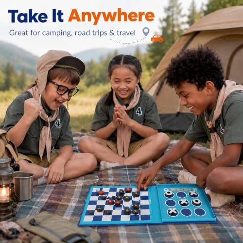 2-in-1 Travel Checkers and Tic Tac Toe Game for Kids Ages 8-12, Magnetic Checkers Board Game, Foldable Road Trip and Plane Activities - style: Checkers&Tic-Tac-Toe