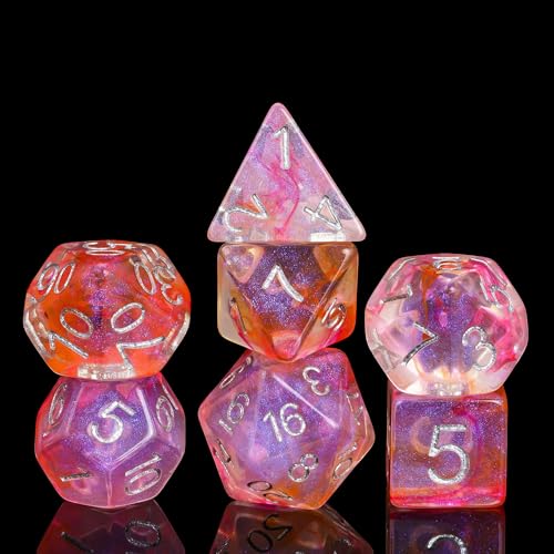 UDIXI 7-Die Polyhedral DND Dice Set, Nebula D&D Dice for Role Playing Games | Orange Red Colors, Dreamy Effect, Velvet Dice Bag Packaging, for Dungeons and Dragons Role Playing Games and Tabletop Games - color: Rose-red With Orange