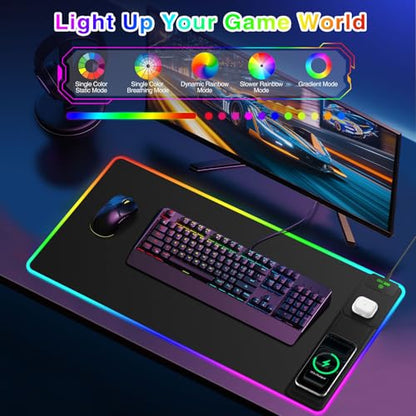 RGB Gaming Mouse Pad with Magnetic Wireless Charging & Foldable Phone Stand | 31.5"x15.8" XXL Large LED Mousepad with Stitched Edges, Ultra-Smooth Waterproof Surface, 25 Lighting Effects, Non-Slip Base - color: RGB-Magnetic Stand-31.5"x15.8"-Right