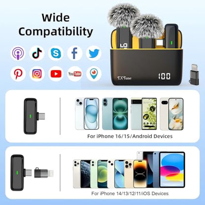Wireless Microphone for iPhone Android Phone, USB C Mini Clip on Mic | Noise Canceling, 24H Battery Life with Charging Case, 70Ft Range, Lavalier Mic for Content Creators Video Recording Vlogging