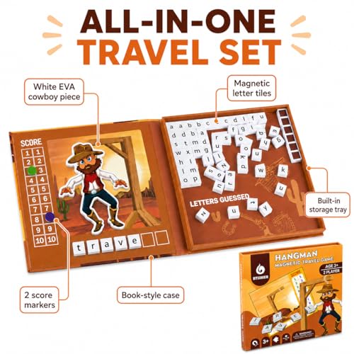 Magnetic Hangman Game for Kids Ages 4-10, Reusable Travel Word Game, Screen-Free Learning Toy for Road Trips, Airplane Activities and Car Rides - style: Hangman Game