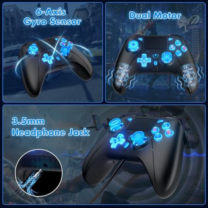 Dinosoo RGB Wireless Controller with LED Light & Remap Back Buttons, Adjustable Turbo, 2.4G Adapter for PS5, PC - color: Blue