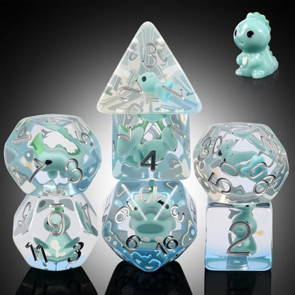Dinosaur D&D Dice Set 7PCS Polyhedral Dice for Dungeons and Dragons, D&D RPG Resin Dice with Silver Numbers in Gift Velvet Bag for DND Players（Dinosaur