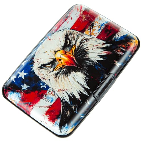 Credit Card Holder, Metal Card Wallet RFID Blocking Mini Slim Aluminum Business Hard Card Case for Women Men (Bald Eagle with American Flag) - color: Bald Eagle with American Flag