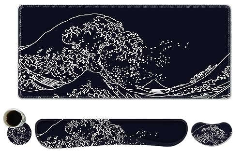 ToLuLu Extended Gaming Mouse Pad, Memory Foam Ergonomic Keyboard Mouse Wrist Rest Support Set, Large Desk Mat with Stitched Edges, Non-Slip Base Mousepad for Home Office Game, Black Wave of Kanagawa - color: Black Wave of Kanagawa