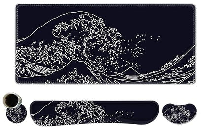 ToLuLu Extended Gaming Mouse Pad, Memory Foam Ergonomic Keyboard Mouse Wrist Rest Support Set, Large Desk Mat with Stitched Edges, Non-Slip Base Mousepad for Home Office Game, Black Wave of Kanagawa - color: Black Wave of Kanagawa