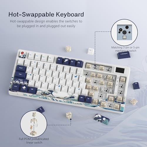 Womier SK80 75% Keyboard with Color Multimedia Display Gaming Keyboard | Creamy Sound Mechanical Wired Hot Swappable Gasket RGB Custom Key board, Pre-lubed Stabilizer for Mac/Win, White Kanagawa - color: Kanagaa White