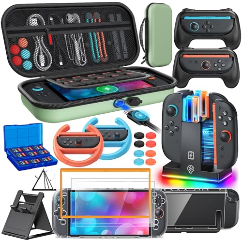 Switch 2 Accessories, [Charge Inside]Case Bundle for Nintendo Switch 2 2025 | FYOUNG 23 IN 1 Kit: Console Carrying Case,Controller Charger,Protective Shell,Grip for Joycon, Steering Wheel(Green) - color: Green