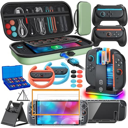 Switch 2 Accessories, [Charge Inside]Case Bundle for Nintendo Switch 2 2025 | FYOUNG 23 IN 1 Kit: Console Carrying Case,Controller Charger,Protective Shell,Grip for Joycon, Steering Wheel(Green) - color: Green