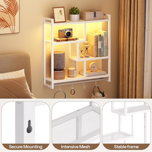 HOOBRO Gaming Floating Shelves with LED Lights, 28.7" LED Wall Mounted Shelf, 4-Tier Floating Wall Shelf for Storage, Display Rack with Hanging Bar and 4 S Hooks, for Gaming Room, White WT37DBJ01 - color: White
