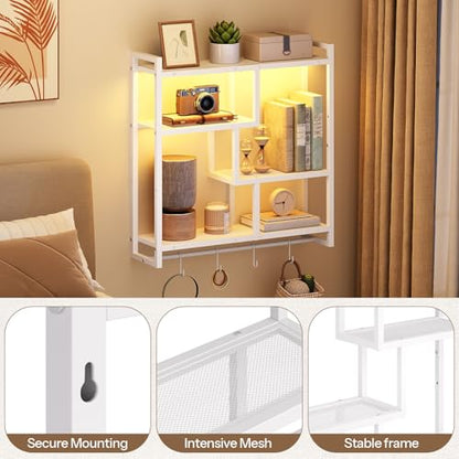 HOOBRO Gaming Floating Shelves with LED Lights, 28.7" LED Wall Mounted Shelf, 4-Tier Floating Wall Shelf for Storage, Display Rack with Hanging Bar and 4 S Hooks, for Gaming Room, White WT37DBJ01 - color: White