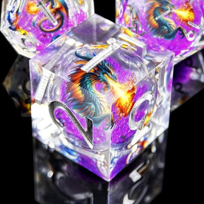 DND Dragon Resin Dice Set 7 Pcs Polyhedral Dice/Transparent Resin Dice with Embedded Dragon Phoenix Art, Premium Tabletop Game Dice for TTRPG, Pathfinder, MTG (Purple & Silver) - color: 6 Purple & Silver
