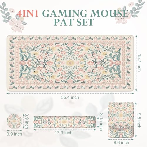 iLeadon Pink Desk Mat Set Cute,Mouse Pad and Keyboard Pad Mat for Desk | Non-Slip Desk Mat, Ergonomic Desk Mouse Pad Extra Large, Floral Teacher Desk Mat with Wrist Rest for Women Home Office - color: Light Pink