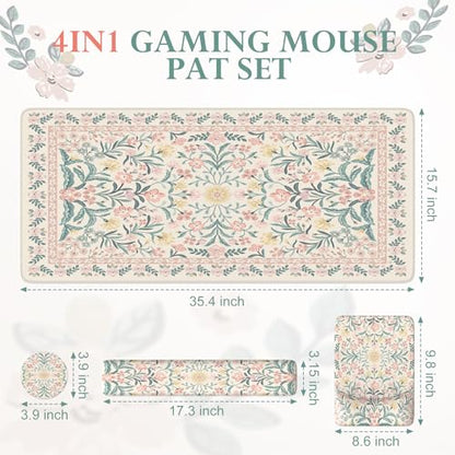 iLeadon Pink Desk Mat Set Cute,Mouse Pad and Keyboard Pad Mat for Desk | Non-Slip Desk Mat, Ergonomic Desk Mouse Pad Extra Large, Floral Teacher Desk Mat with Wrist Rest for Women Home Office - color: Light Pink