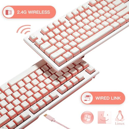 Hexgears X5 Wireless Mechanical Keyboard, Dual-Mode 2.4G/USB-C Ergonomic Full Size 108 Keys Keyboard, Kailh Box 3.0 Clicky Switch, N-Key Rollover, Backlit Gaming Keyboards with Wrist Rest (Pink) - color: Pink Jelly-X5, size: Clicky