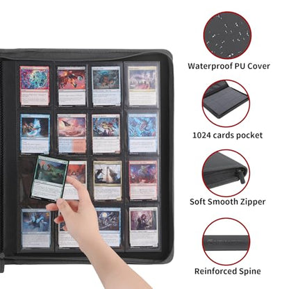Snekdy premium 1024-pocket trading card binder, 16-pocket cards album, waterproof PU-leather Cover album with side loading, holds gaming, baseball, basketball & sports cards (light grey) - color: light grey