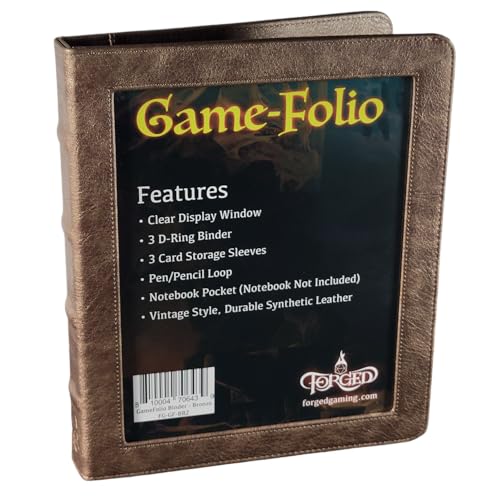 Forged Dice Co. Game-Folio PU Leather Portfolio Binder - Gaming Binder for DND Character Sheets with DND Spell Cards Organizer and Clear Front Pocket - Compatible with Dungeons and Dragons RPG Bronze - color: Bronze