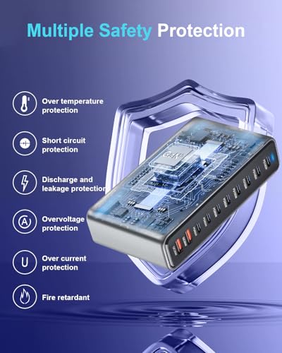 800W USB C Fast Charger Block, Multi-port USB Charging Station, GaN Ⅲ Double 140W PD PPS Port Fast Charging Station for Multiple Devices,Laptop Wall Charger Compatible with iPhone 17,iPad, MacBook etc - size: 800W+A 240W Braided Nylon Fast Charging Cable