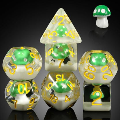 Mushrooms D&D Dice, DNDND 7PCS Resin DND Dice with Velvet Bag for Dungeons and Dragons Role Playing Games and Tabletop Games（Green Mushrooms - color: Mushroom Green