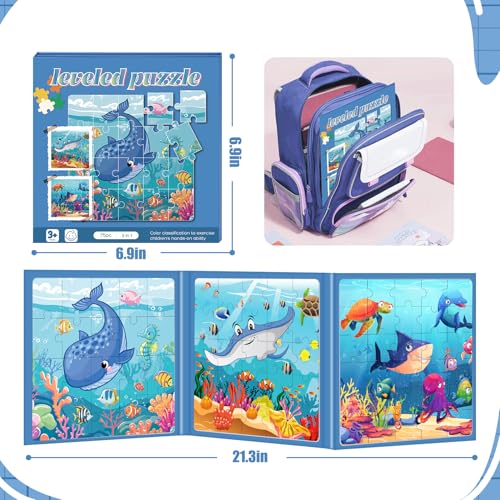 Magnetic Puzzles for Toddlers 3-5 Toddler Puzzle Travel Toys （Sea） | Jigsaw Puzzles for Kids 75-Pieces Travel Toys Sea Puzzles Ages 4-6 Road Car Trip & Airplane Activities - style: Sea