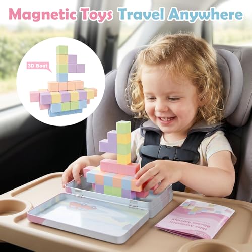52 PCS Magnetic Blocks with Metal Box, 0.8in Mini Building Cubes Travel Set | Magnetic Building Blocks Toddler Travel Essentials Toys, STEM Educational Magnet Building Sensory Toys for Boys Girls Gifts - color: Pink