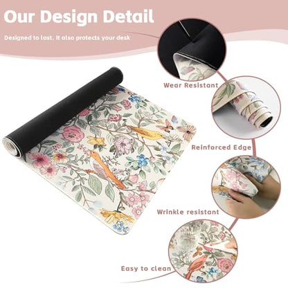 Baziabbo Cute Desk Mat,XXL Extended Big Mouse Pad,Gaming Mousepad with Stitched Edge,Non-Slip Rubber Base Keyboard Desk Pad for Home Office Study Game - color: Bird and Flower
