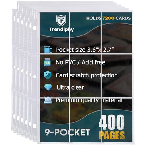 7200 Pockets Trading Card Sleeves, Premium 9 Pocket 400 Sheets, Double-Sided Durable Non-PVC Sleeves, Fits MTG, PKM, Baseball, Football, Hockey & Sports Cards - Fits 3 Ring Binder (400 Sheets) - size: 400 Sheets