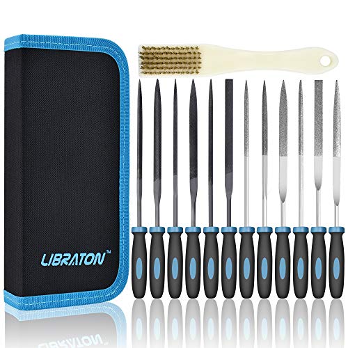 LIBRATON 13PCS Small Needle Files Set, 6 Carbon Steel & 6 Diamond File Set | for Precision Metal Work, Jewlers Metal File Set, Mini Jewelry Files for Wood Plastic Carving, with Brush and Carry Case - style: Needle File-13PCS