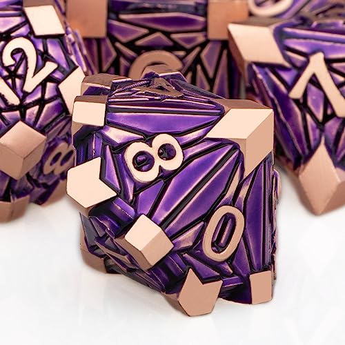 7PCS Metal DND Dice Set with Box, Debris RPG Purple D and D Dice for use with D&D Tabletop Games Role Playing Game Polyhedral Dice Set D20 D12 D10 D8 D6 D4 - color: Copper Purple