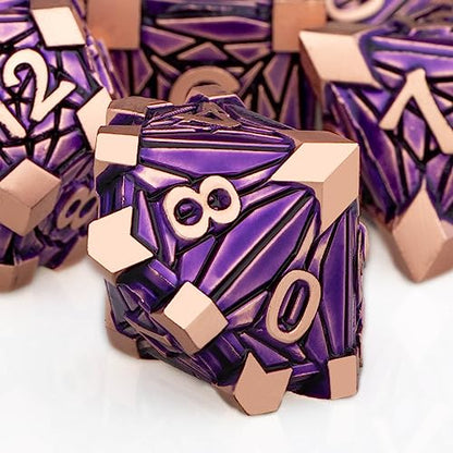 7PCS Metal DND Dice Set with Box, Debris RPG Purple D and D Dice for use with D&D Tabletop Games Role Playing Game Polyhedral Dice Set D20 D12 D10 D8 D6 D4 - color: Copper Purple