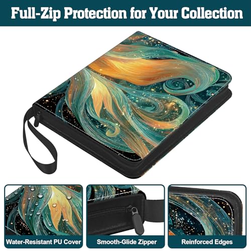 Trading Card Binder 9 Pocket, 900-Pocket Zippered 3-Ring Card Binder with 50 Double-Sided Pages, Fits 2.5" x 3.5" Cards, Acid-Free PVC-Free, Water-Resistant PU Cover, Wrist Strap, Fox Design - color: Teal Swirl Fox