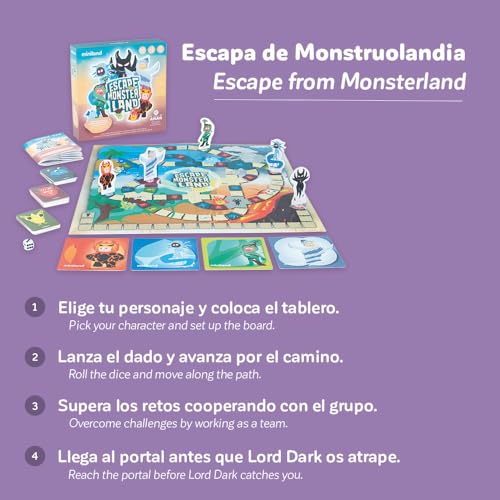 Miniland Cooperative Anti-Bullying Board Game for Kids 4+, Includes Board, Avatars and Educational Guide, 2 to 4 Players | Escape from Monsterland - color: Escape from Monsterland