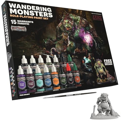 The Army Painter, GameMaster: Wandering Monsters Role-playing Paint Set, 15x18 ml Fanatic Acrylic Paints, incl. Metallics, Wash, Primer, 1 Brush & 1 Free Miniature - For Warhammer & Dnd | Warpaints Fanatic Acrylic Paints, incl. Metallics, Wash, Primer, 1