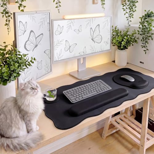 Sabary Scalloped Desk Mat Keyboard Mouse Pad Set 31.5 x 15.7 Inch Black Cute Aesthetic Preppy Table Mat Keyboard Wrist Rest Mouse Pad with Wrist Rest Coaster Ergonomic Non-Slip Waterproof Gaming Desk - color: Black, size: 31.5 x 15.7 Inch