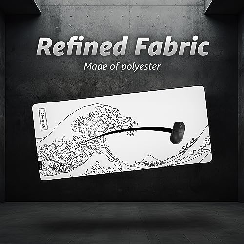 Hystar® Extended Gaming Mouse Pad | XXL 36" x 16" | 5mm Thick, Waterproof Surface, Smooth Polyester Fabric, and Natural Rubber Base | The Great Wave (White) - color: White, size: 36L x 16W inches