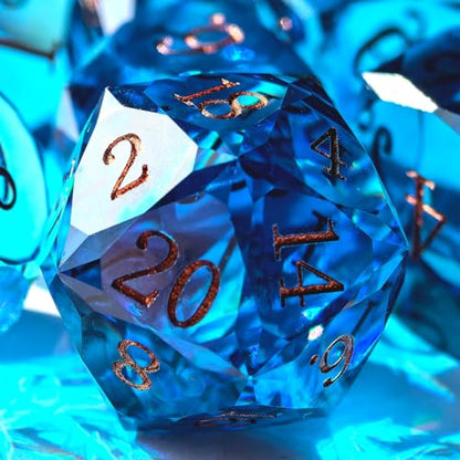 Crystal Multifaceted Polyhedral Dice Set 7 PCS for DND, RPG Tabletop Gaming, Collectors | Tinbox Packing, Gemstone Effect Dice (Sea Blue) - color: Sea Blue
