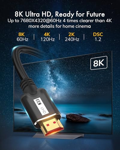 8K HDMI Cable 2.1 3.3FT, Ultra High Speed 48Gbps HDMI Cable Braided Cord, Supports 8K@60Hz，4K@120Hz, 4K@144Hz, HDR 10, eARC Compatible with Dolby PS5 Monitor HDTV - size: 3Feet