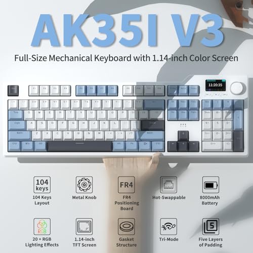 DAIDAI×AJAZZ AK35I V3 Full Size Hot Swap Mechanical Gaming Keyboard with Screen & Knob 2.4G/BT/USB-C Gasket Keyboard FR4 Plate 8000mAh Battery South Facing LED RGB (Avocado Axis) - color: AK35i V3 MAX