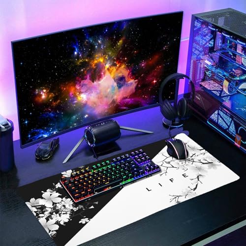 Black White Cherry Blossom Mouse Pad Large Japanese Sakura Death Life Desk Mat 60x35 cm Non-Slip Rubber Base Stitched Edge Large XL Playmat for Gaming Laptop Computer PC Desktop,24x14 Inch - color: Black White, size: 14" x 24"