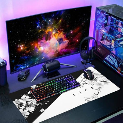 Black White Cherry Blossom Mouse Pad Large Japanese Sakura Death Life Desk Mat 60x35 cm Non-Slip Rubber Base Stitched Edge Large XL Playmat for Gaming Laptop Computer PC Desktop,24x14 Inch - color: Black White, size: 14" x 24"