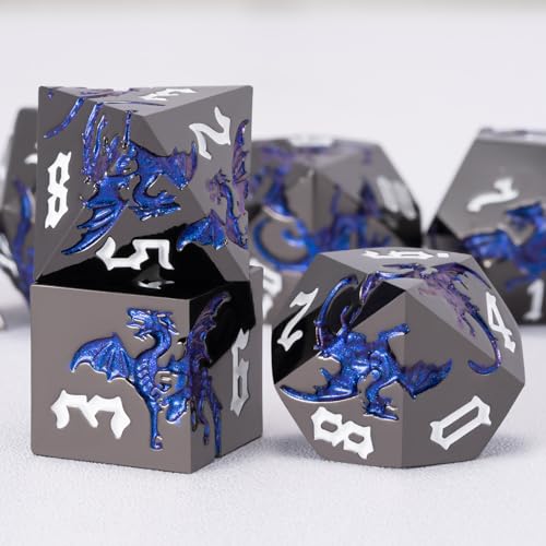 Metal D&D Dragon Dice Set,Metallic DND Polyhedral Dice for Dungeons and Dragons RPG TTRPG D&D 7-Die Set with Gift Case - color: Dragon-pearl Gun Sapphire Blue