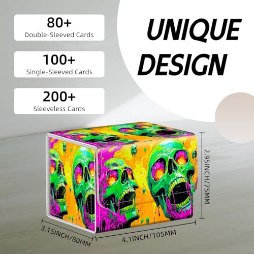 Trading Card Storage Box, Holds 100+ for MTG Cards, PU Leather with Magnetic Closure, Psychedelic Green Skulls with Slime Durable Deck Box for Magic the Gathering, Trading Card Games - color: Psychedelic Green Skulls with Slime