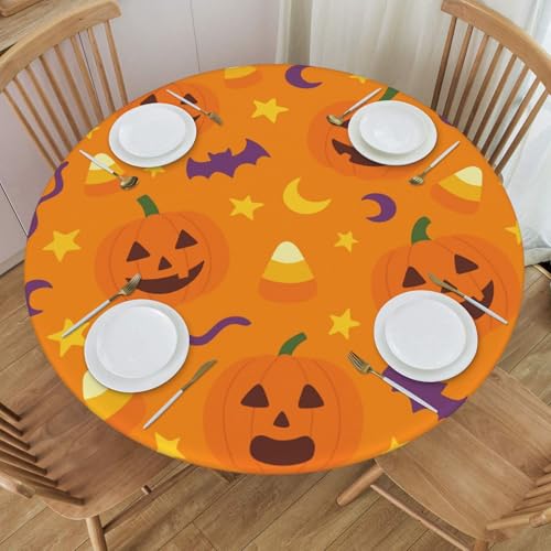 Famame Halloween Pumpkin Cute Candy Round Fitted Tablecloth with Elastic Protector Table Kitchen Dinner Waterproof Oil-Proof Table Covers Fits 40"-44", Small - color: Halloween Pumpkin Candy, size: Small (40"-44")