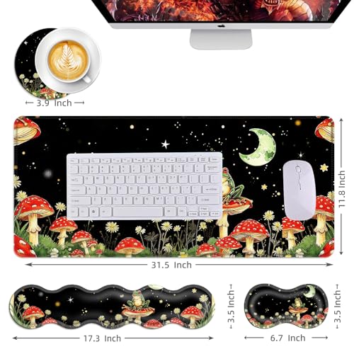 Mouse Pad,Large Desk Mat Set, 4in1 XL Mousepad + Keyboard Wrist Rest+Mouse Wrist Rest+Coaster with Ergonomic Desk Pad for Home Office Table Computer Cover -Aesthetic Mushroom Frog - color: Aesthetic Mushroom Frog